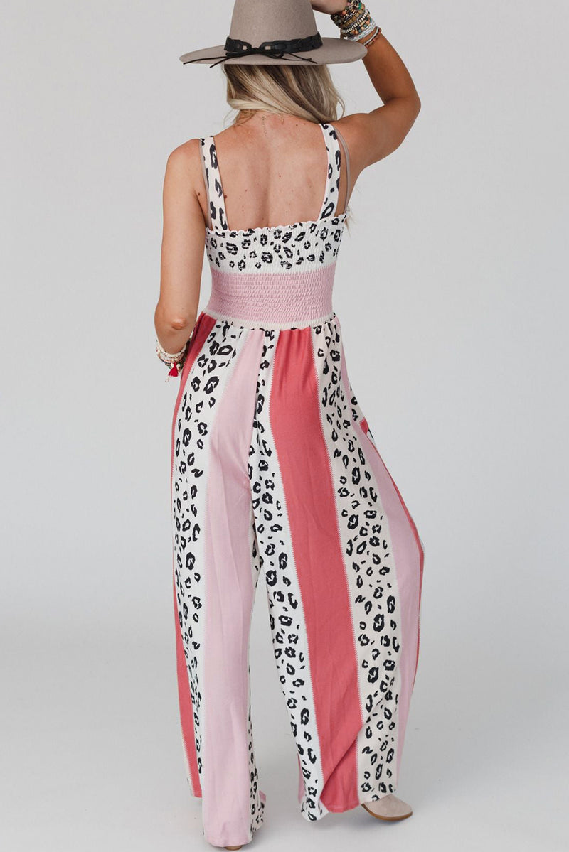 Pink Leopard Color Block Mix Print Pocketed Jumpsuit