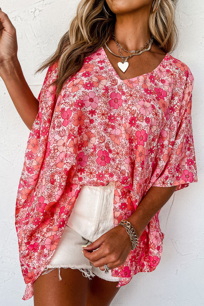 Pink Boho Floral V Neck Kimono Style Blouse