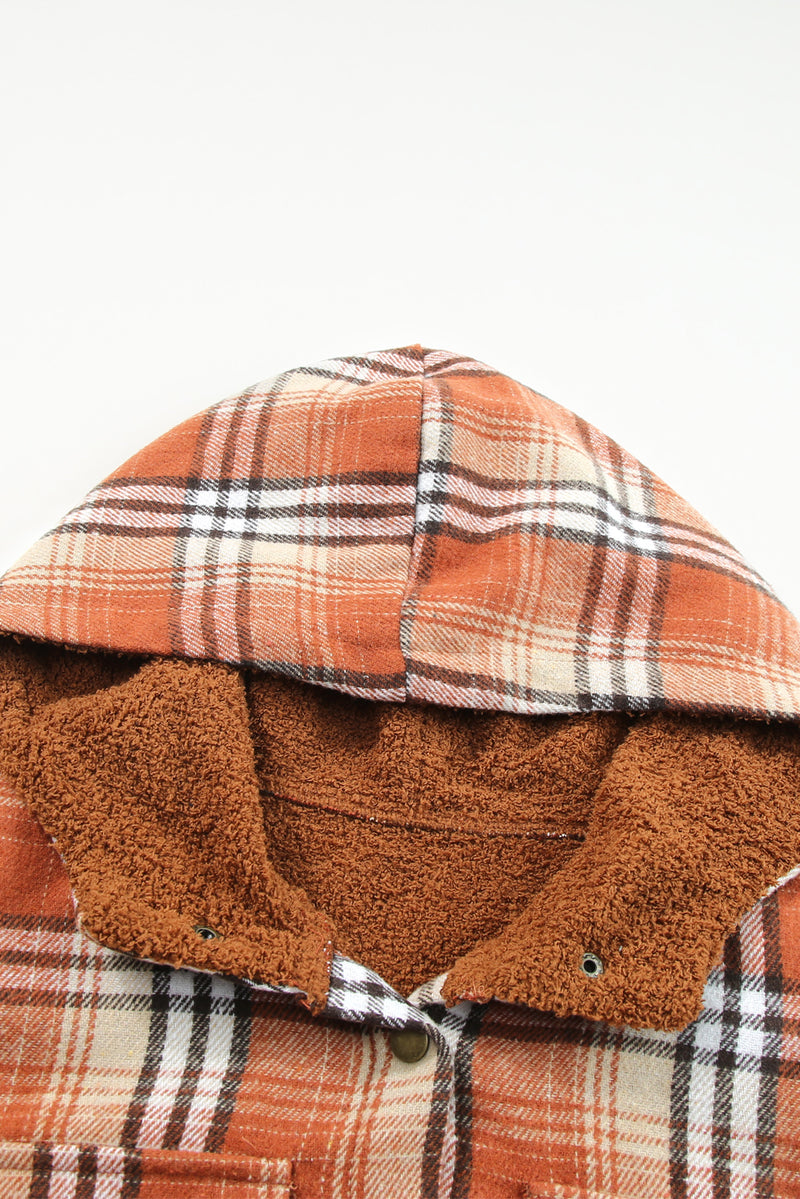 Orange Plaid Pattern Sherpa Lined Hooded Shacket