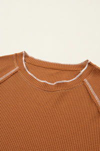 Chestnut Contrast Seam Frilly Edge Waffle Knit T-shirt