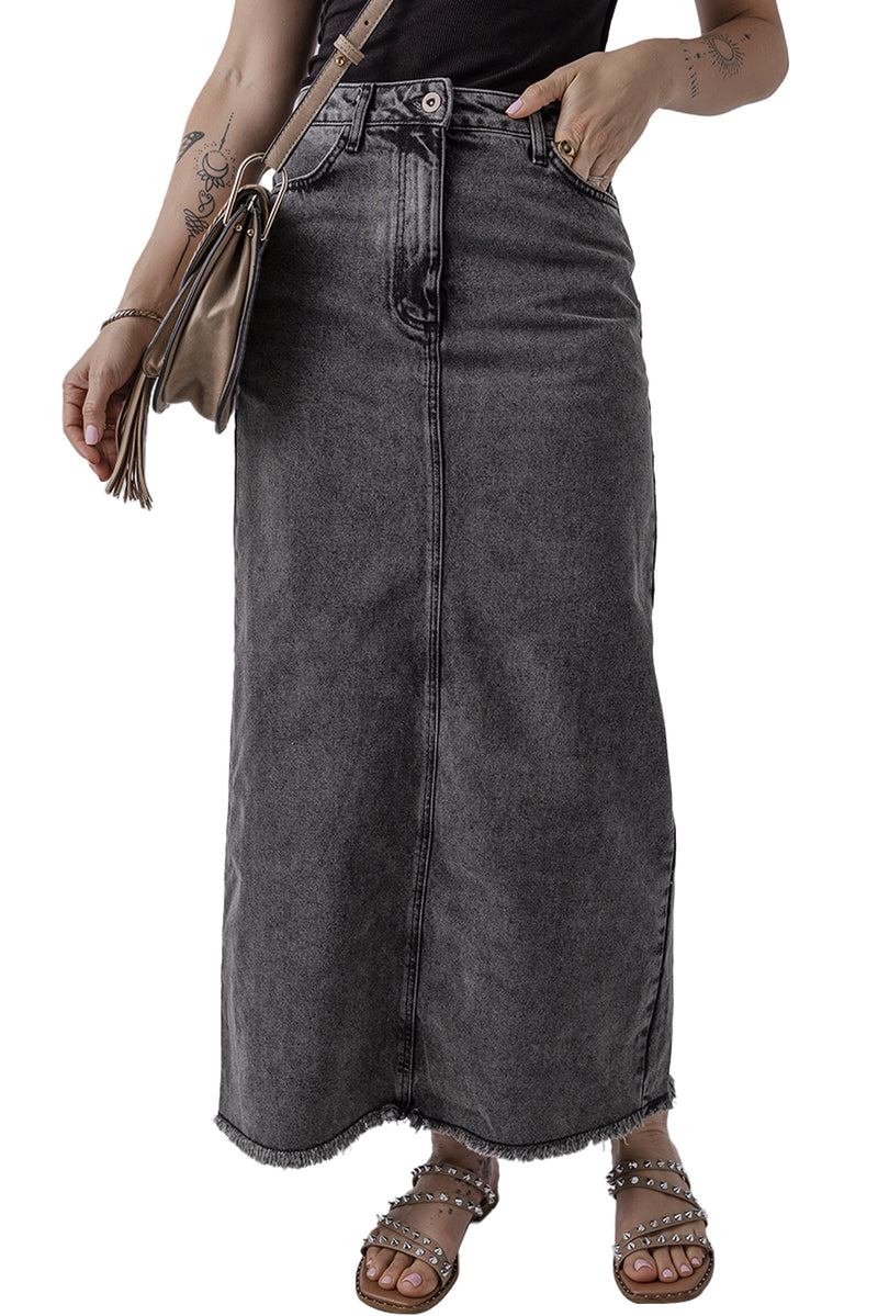 Dark Grey Denim Raw Hem Back Split High Waist Long Skirt