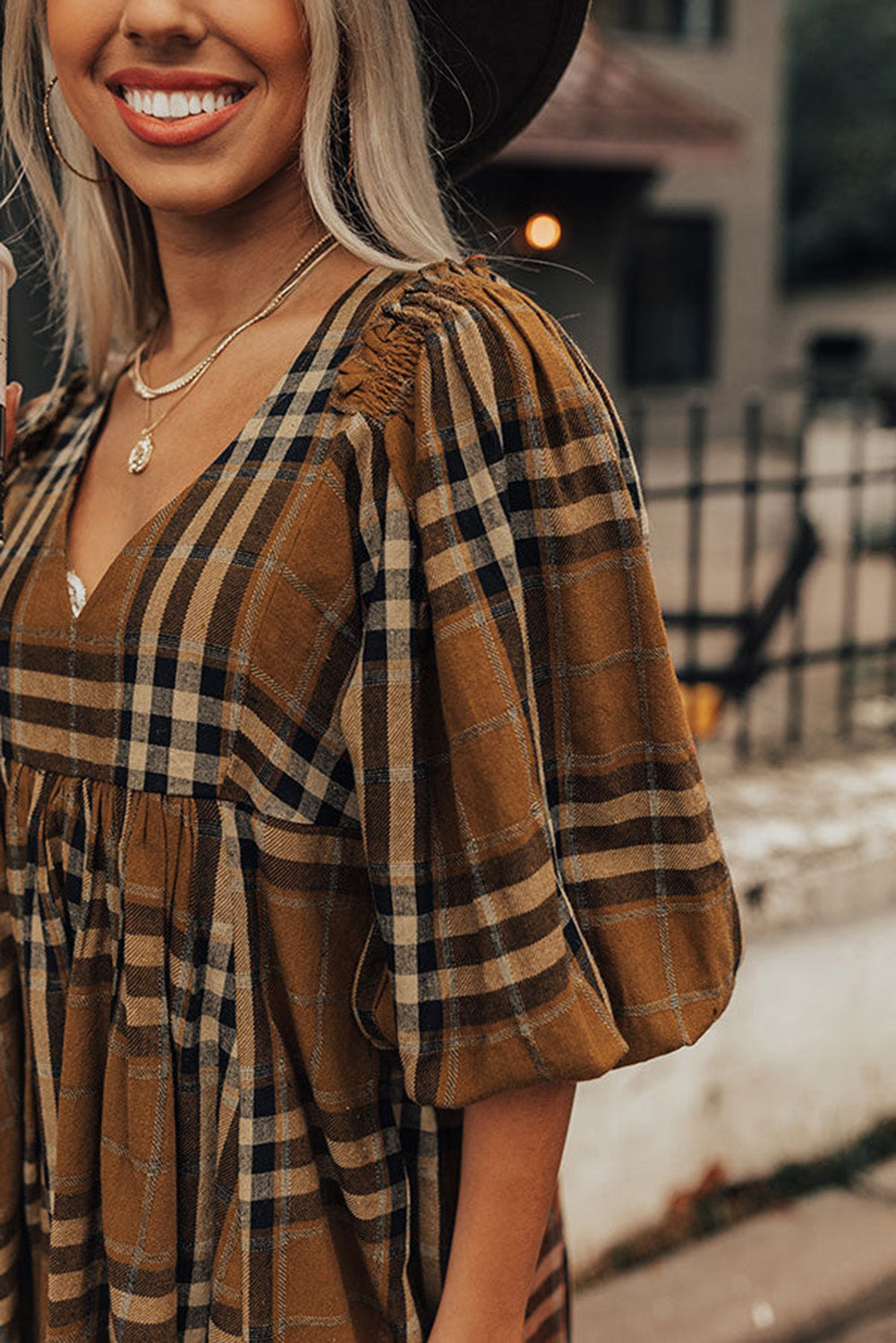 Brown Printed Plaid V Neck Plus Size Babydoll Dress