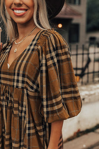 Brown Printed Plaid V Neck Plus Size Babydoll Dress