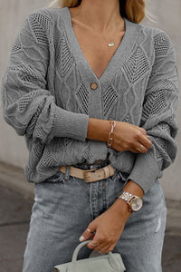 Gray Plus Size Knitted Hollow out Button up Cardigan