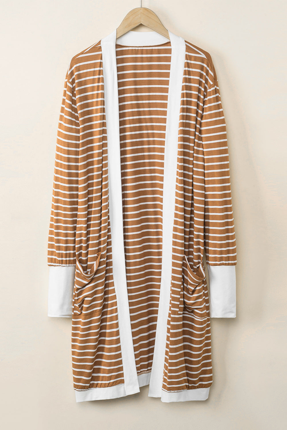 White Extended Long Sleeve Plus Size Striped Cardigan