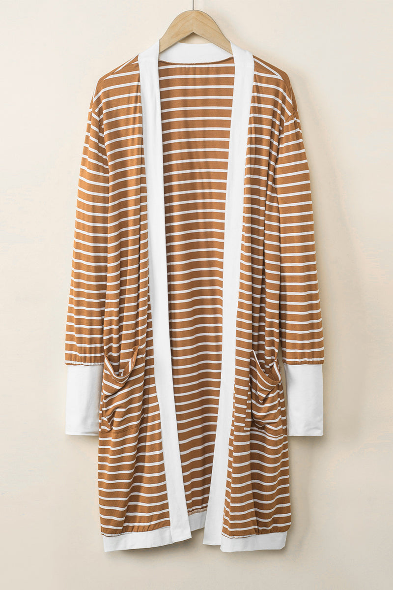 White Extended Long Sleeve Plus Size Striped Cardigan