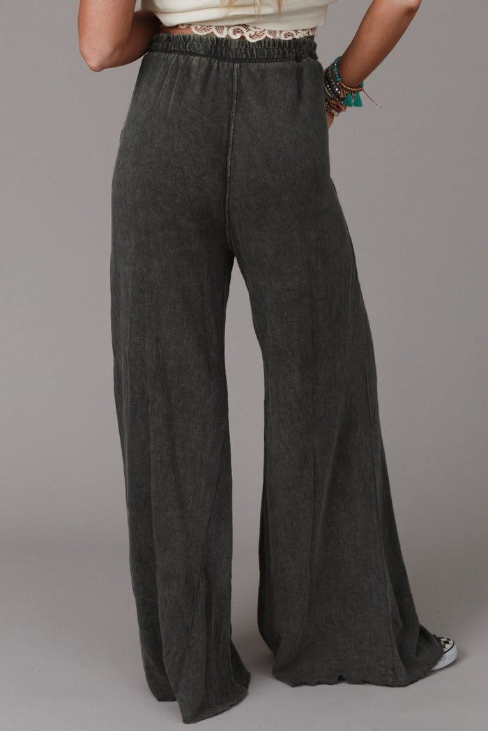 Gray Mineral Washed  Drawstring Retro Wide Leg Pants