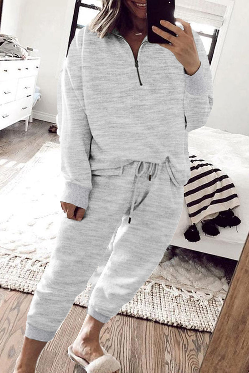 Gray Solid Half Zipped Drawstring High Waist Lounge Set