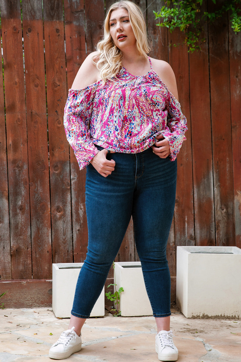 Pink Floral Print Cold Shoulder Plus Size Top