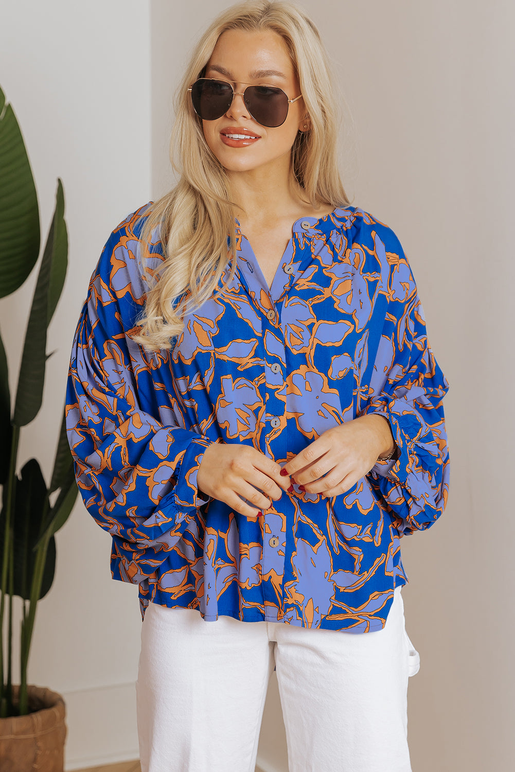 Blue Floral Print Batwing Sleeve Buttoned Loose Fit Shirt