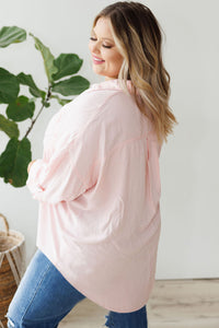 Pink Flap Pocket Tab Sleeve Button-Down Plus Size Shirt