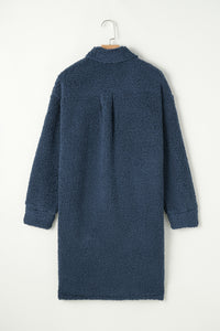 Blue Contrast Flap Pocket Single Breasted Teddy Coat