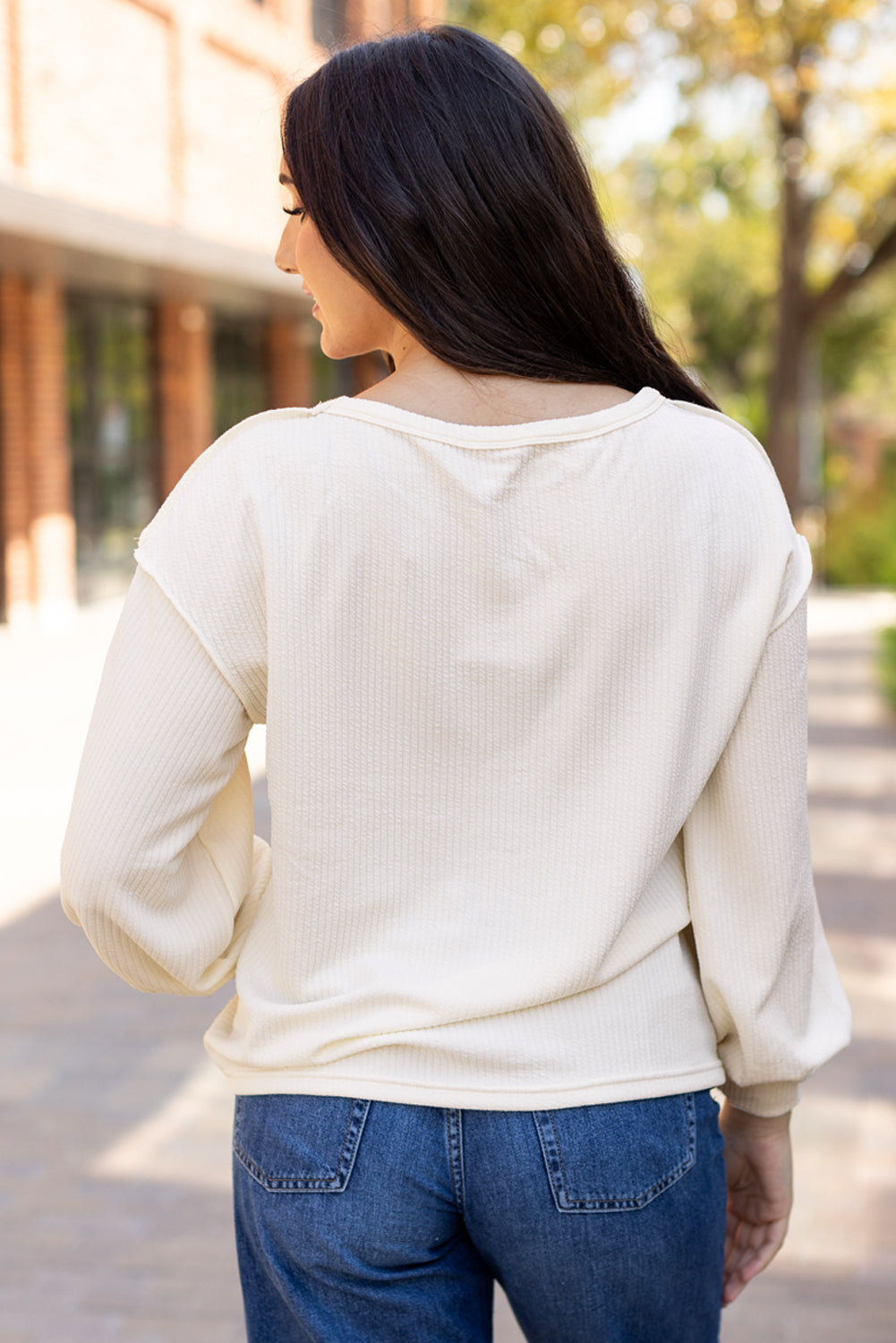 White Corded Exposed Seam Knit Patchwork Drop Sleeve Top