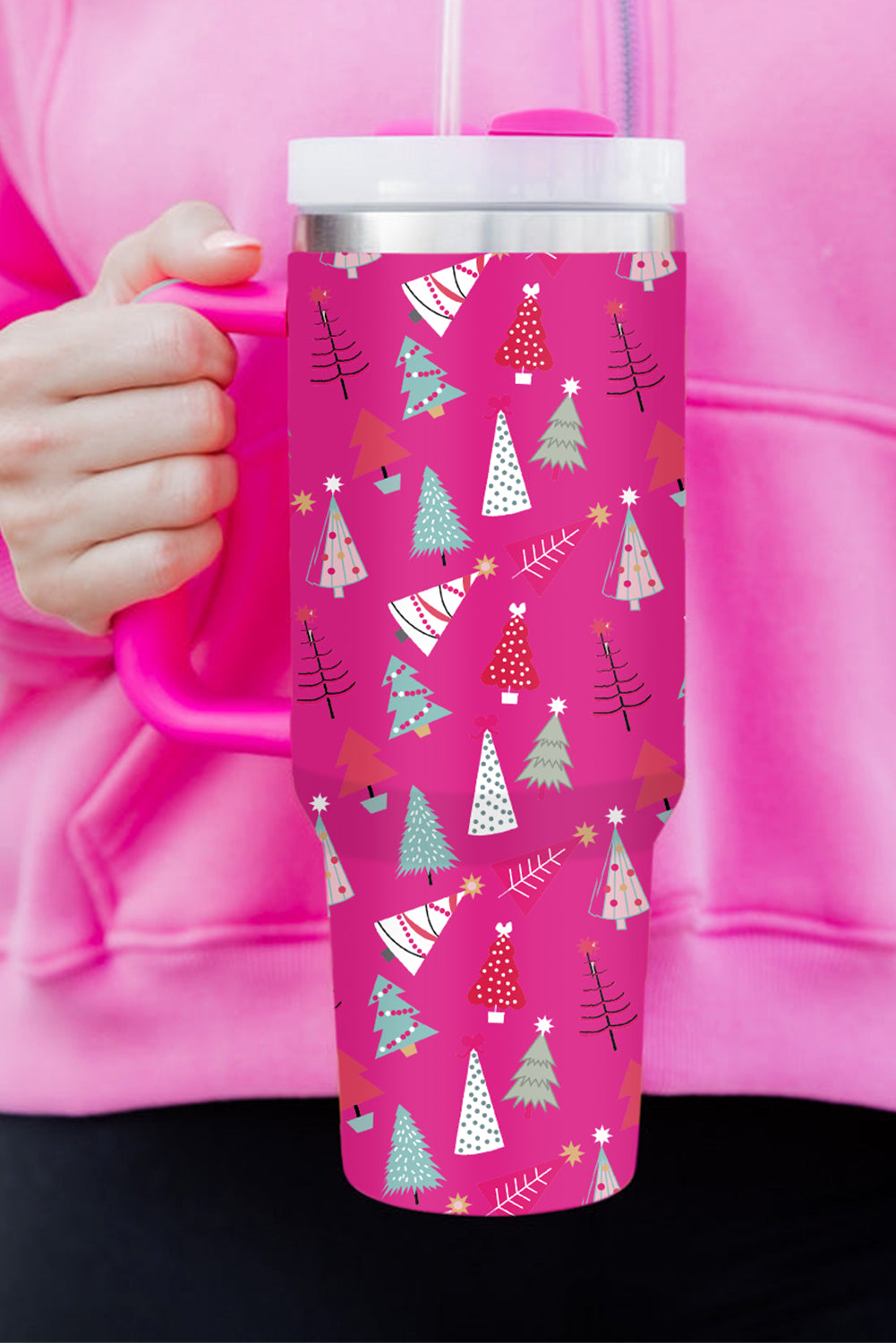 Rose Red Cartoon Christmas Tree Printed Thermos Cup 40oz