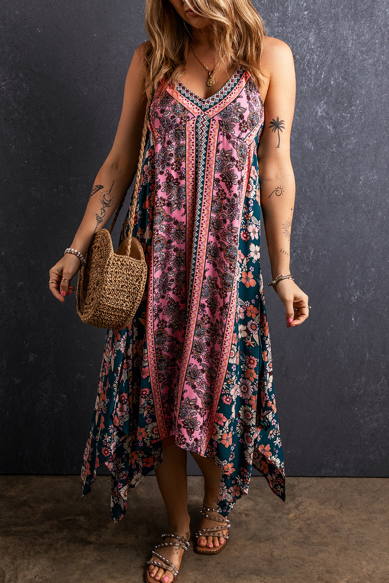 Pink Bohemian Floral Patchwork Print Long Sundress