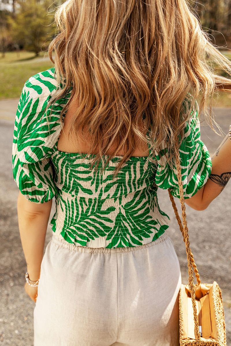 Dark Green Tropical Leaf Print Smocked Crop Top