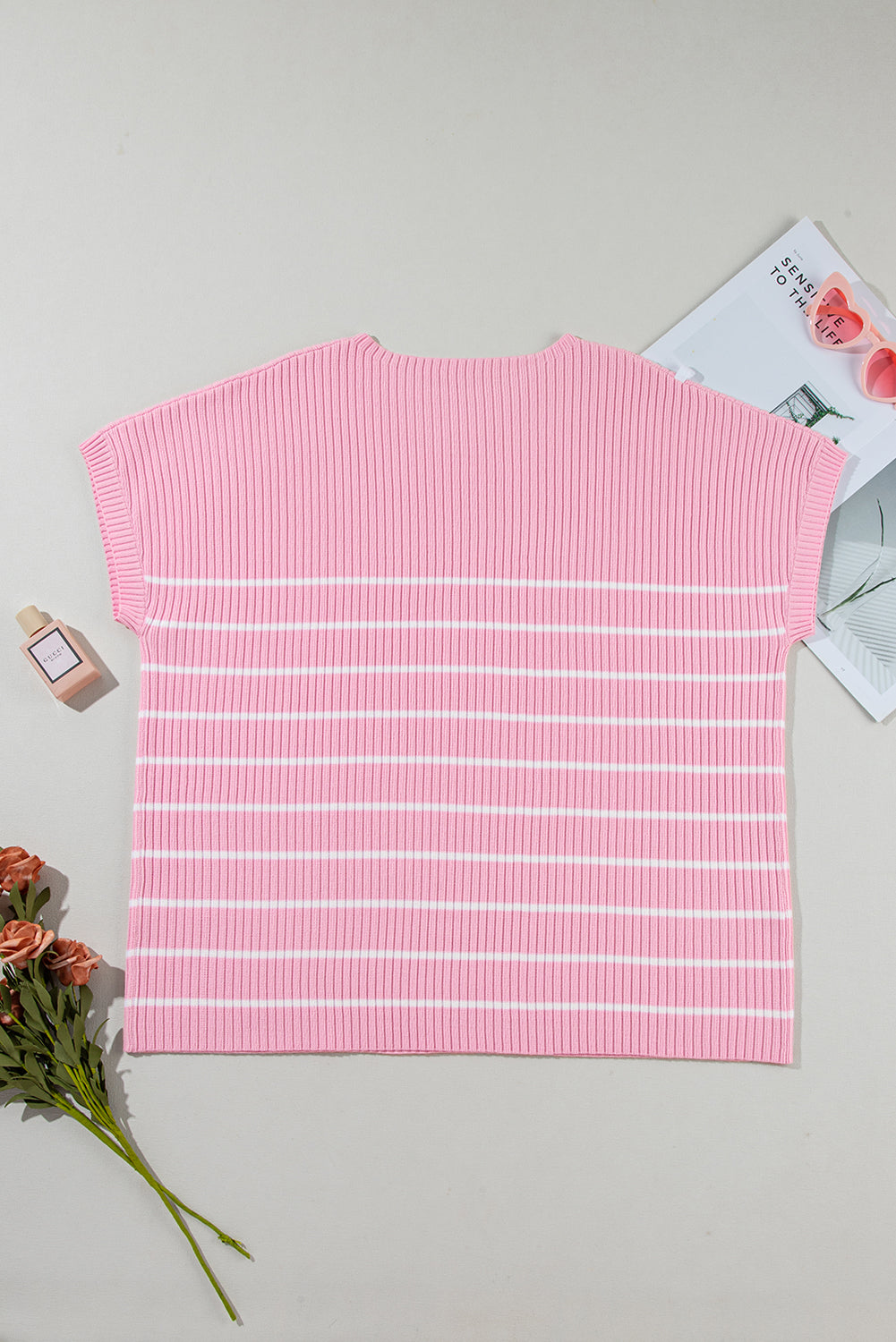 Pink Stripe Ribbed Loose Plus T Shirt