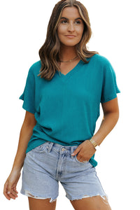 Black Crinkled V Neck Wide Sleeve T-shirt