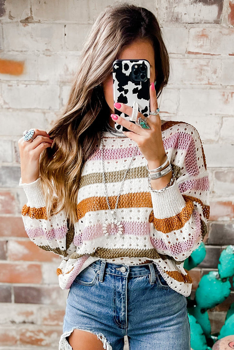 Striped Hollowed Knitted Loose Sweater