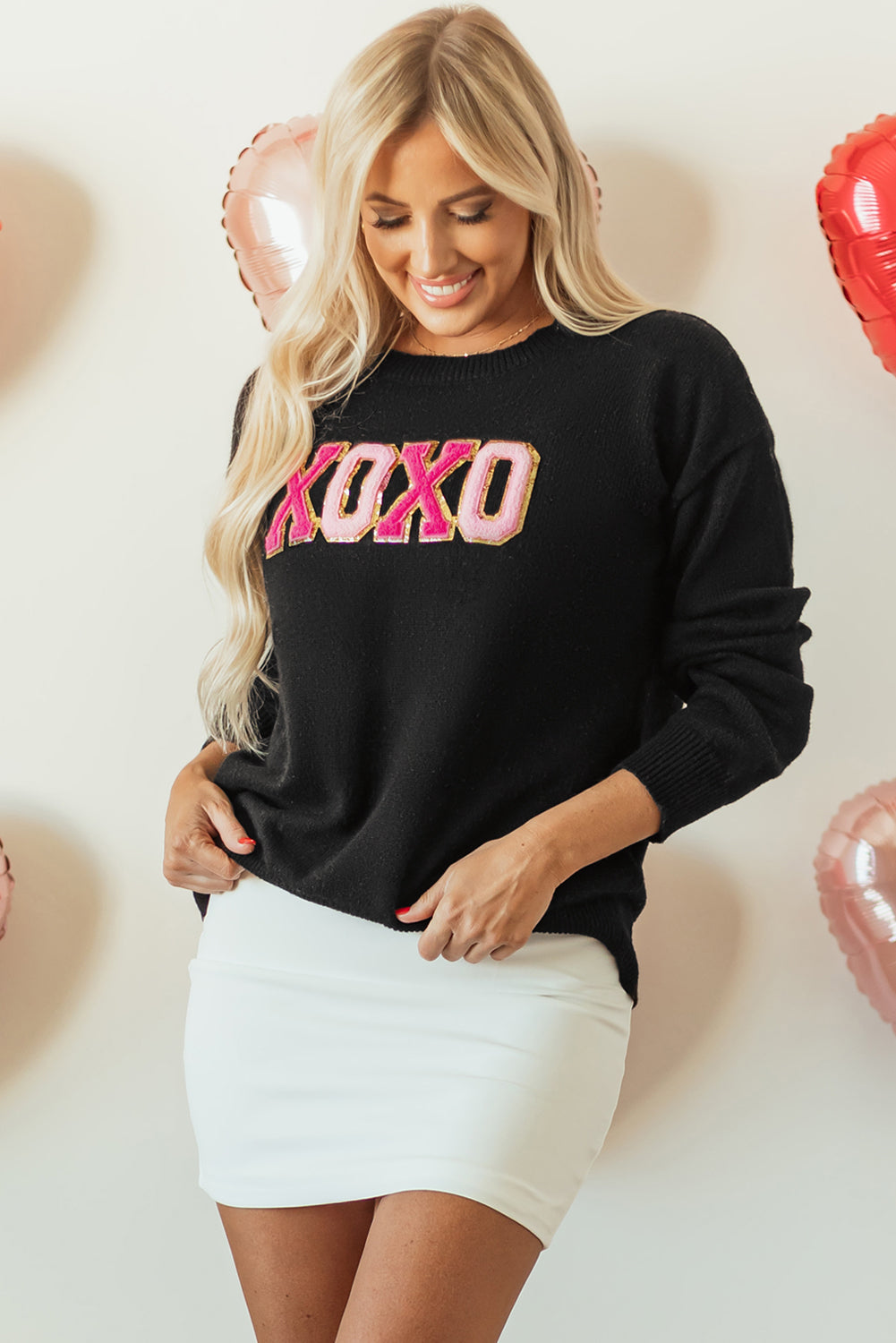 White XOXO Glitter Print Round Neck Casual Sweater