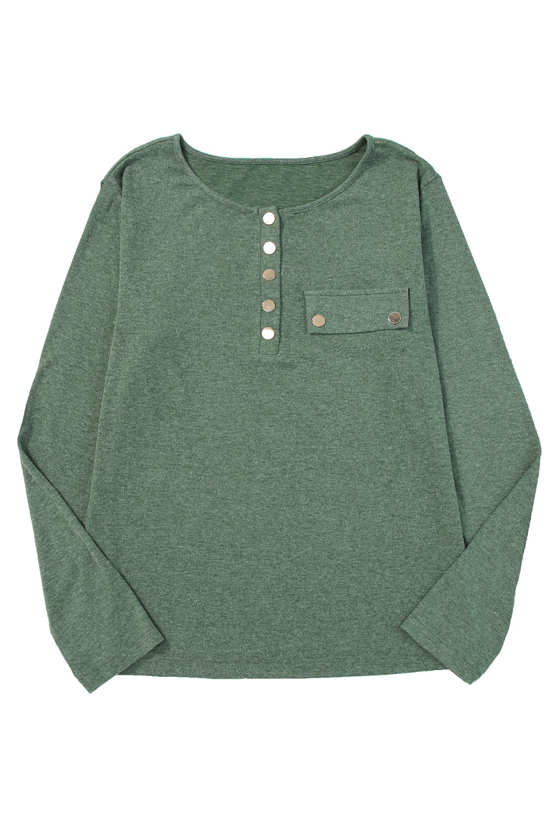 Mist Green Long Sleeve Snap Button Henley Top