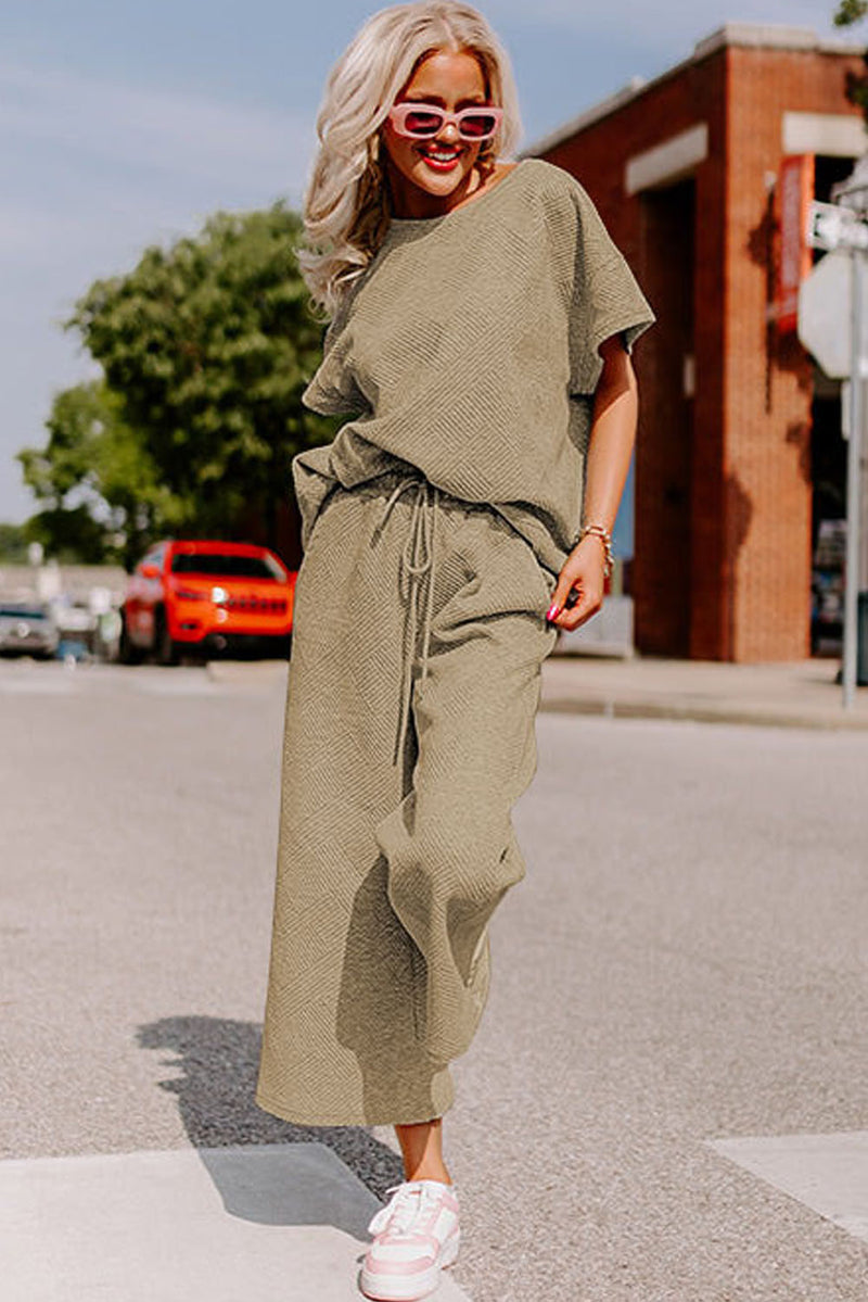 Brown Textured Loose Fit T Shirt and Drawstring Pants Set