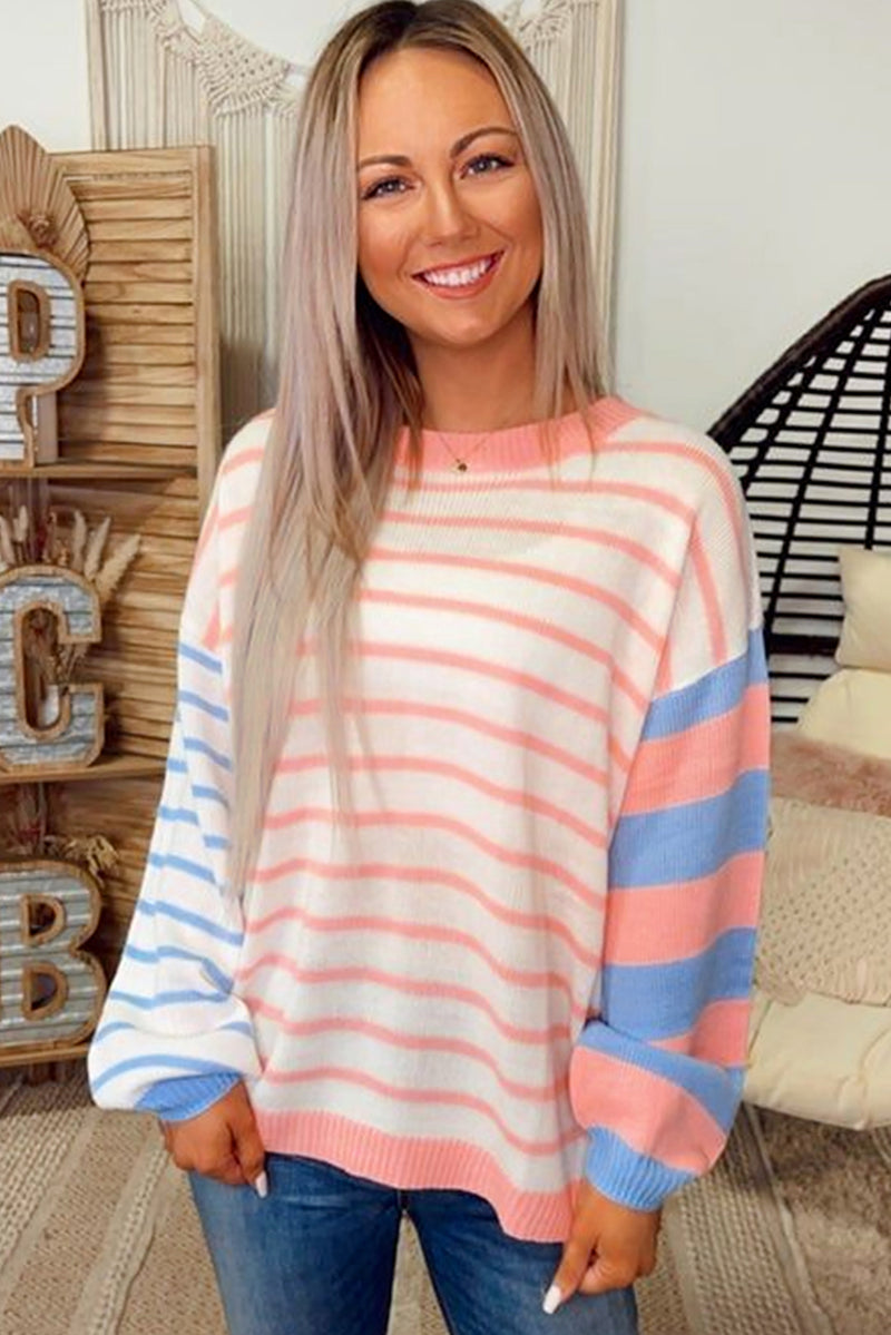 Pale Chestnut Colorblock Striped Drop Shoulder Cozy Sweater