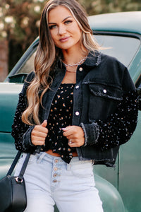 Black Sequin Sleeve Pocketed Raw Hem Denim Jacket