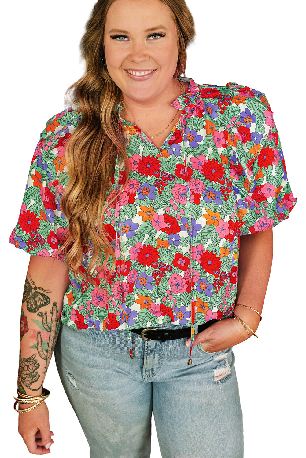 Multicolour Plus Size Floral Print Ruffle V Neck Bubble Sleeve Blouse