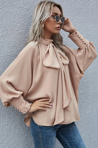 Pink Frilled Knotted Mock Neck Bishop Sleeve Blouse