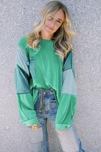 Green Colorblock Stitching Patchwork Buttoned Long Sleeve Top