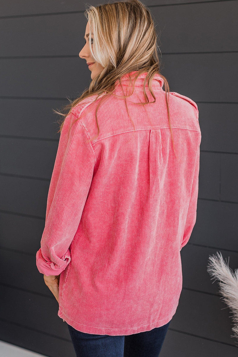 Pink Buttoned Flap Pocket Corduroy Jacket