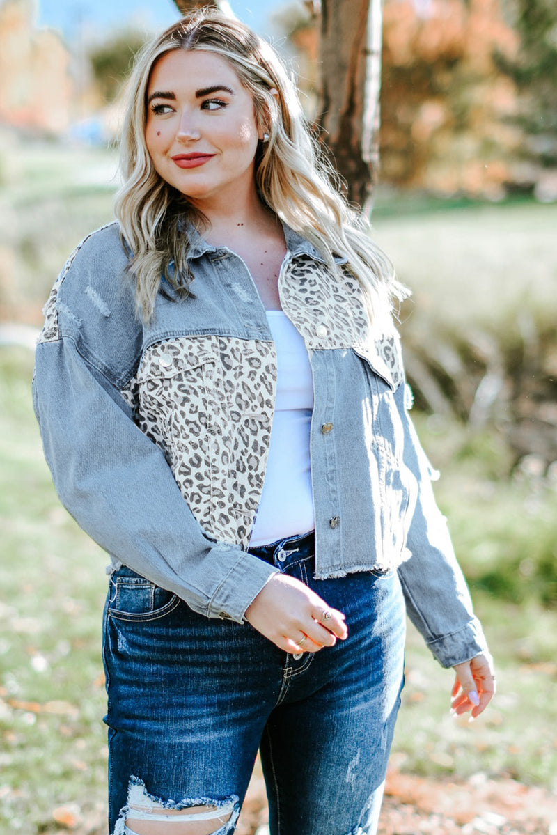 Blue Plus Size Leopard Ripped Cropped Denim Jacket