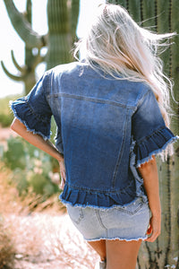 Peacock Blue Raw Edge Ruffled Short Sleeve Denim Jacket