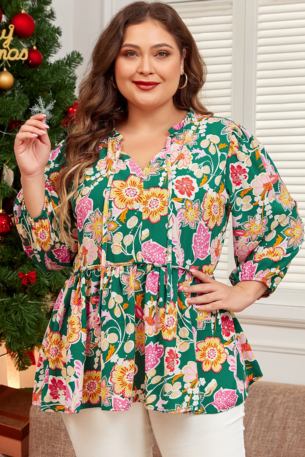 Green Floral Tied V Neck Long Sleeve Plus Size Babydoll Top