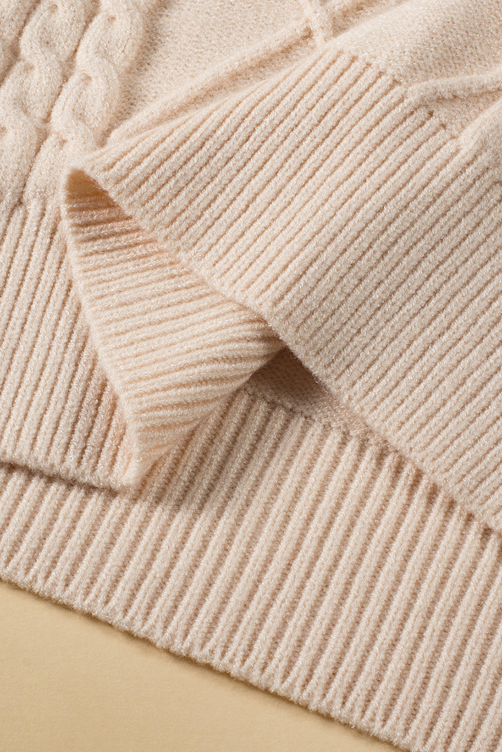 Oatmeal Plus Cable Knit Short Ruffled Sleeve Mock Neck Sweater