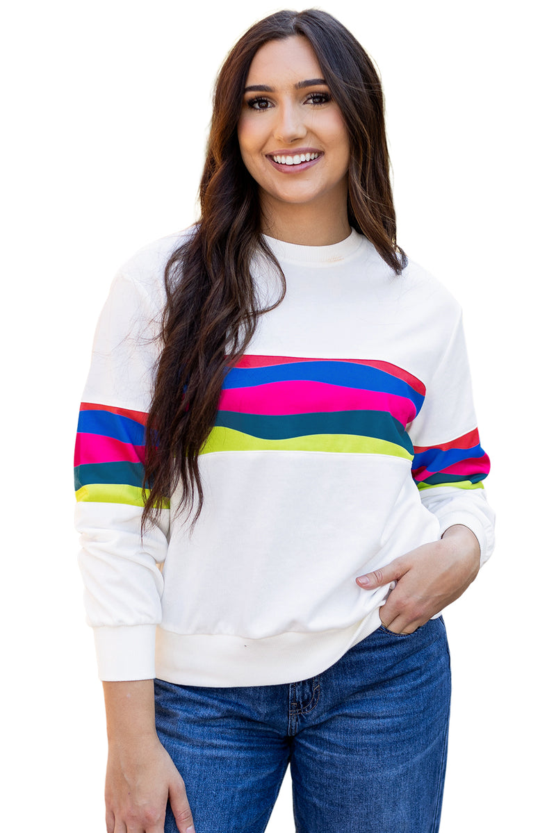 White Colorful Striped Accent Long Sleeve T Shirt