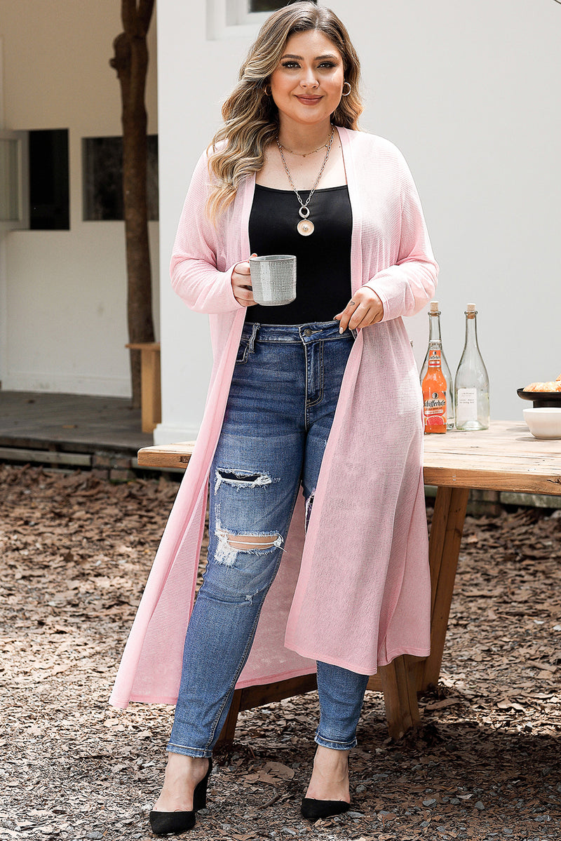 Pink Sheer Knitted Long Side Slit Plus Size Cardigan