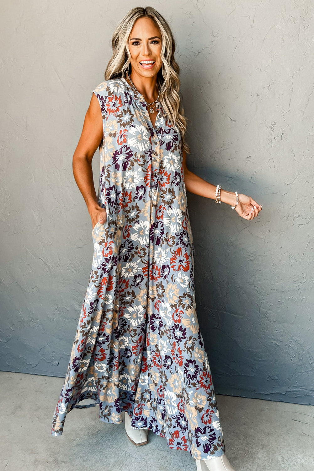 Sky Blue Floral Sleeveless Buttoned Pocketed Wide Leg Jumpsuit