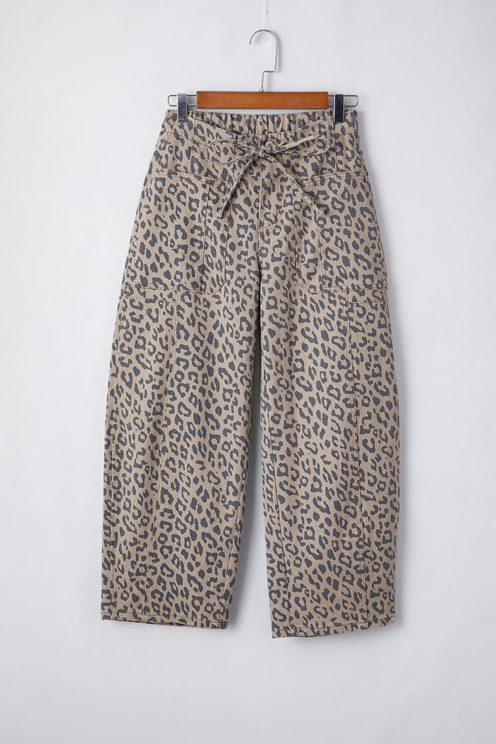 Khaki Leopard Printed Drawstring Waist Pocketed Wide Leg Jeans