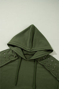 Vineyard Green Solid Color Rivet Stud Raglan Sleeve Hoodie with Pocket