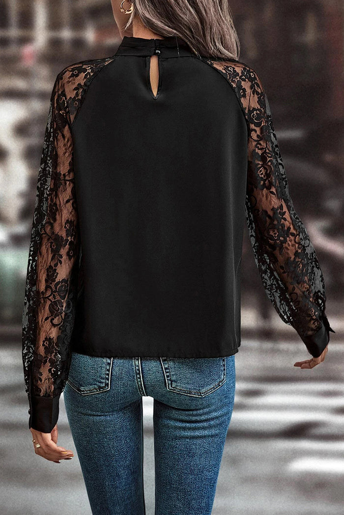 Black Keyhole Neckline Floral Lace Raglan Sleeve Blouse