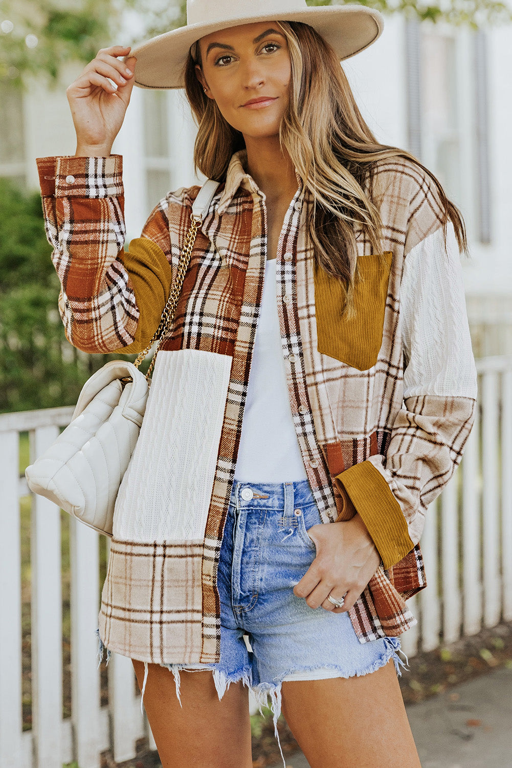 Gold Brick Plus Size Plaid Patchwork Button up Shacket