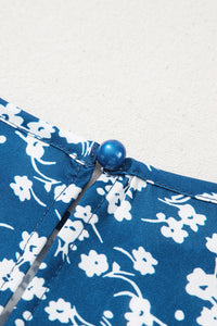 Blue Ditsy Floral Print Lantern Sleeve Blouse