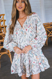 White Tassel Tie Split Neck Boho Floral Ruffle Dress