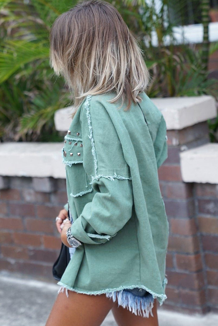 Mist Green Frayed Trim Riveted Denim Jacket