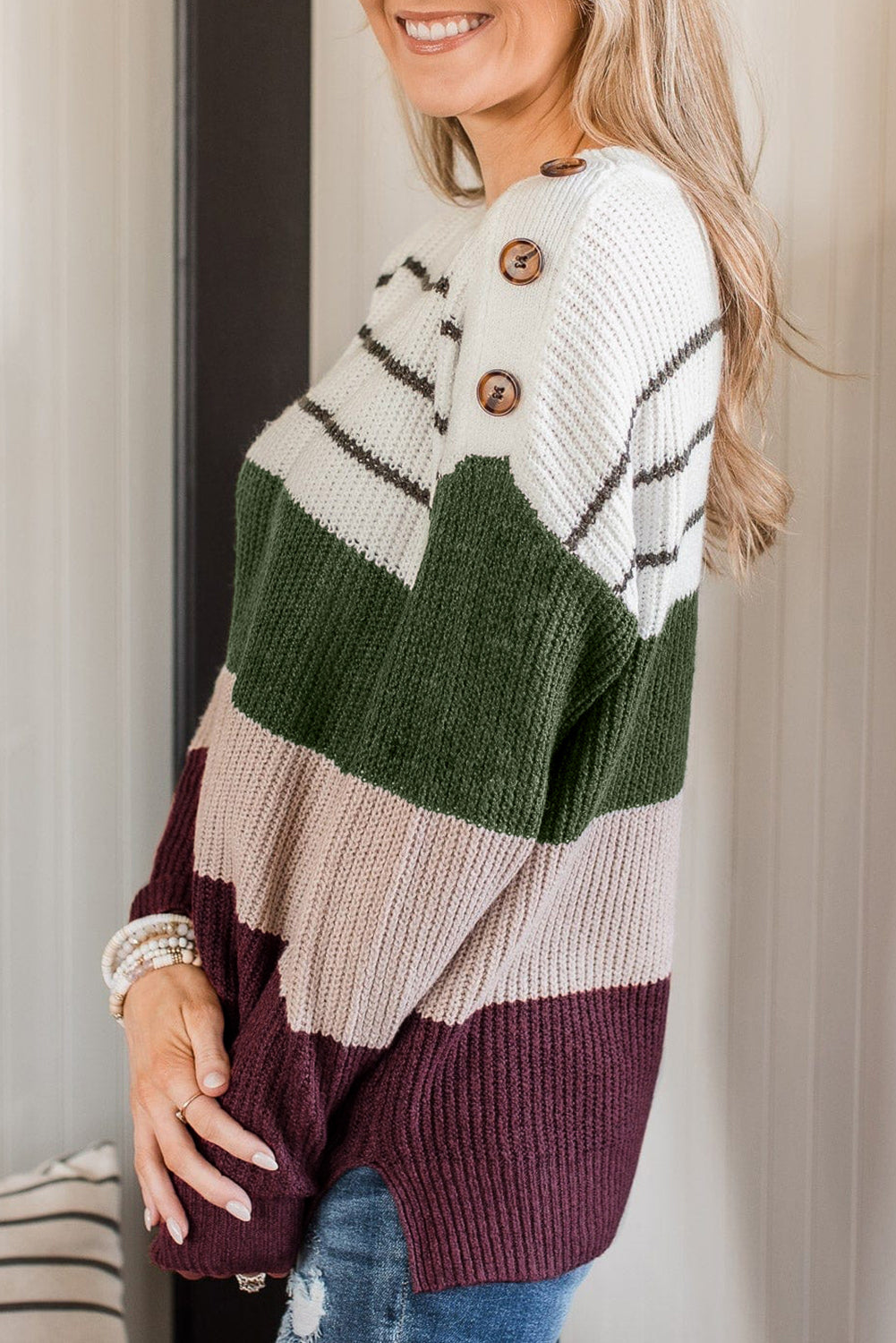 Green Color Block Striped Buttoned Shoulder Split Sweater