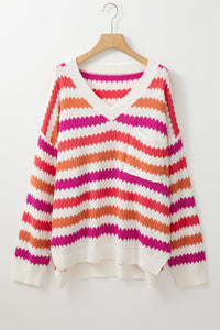 Pink Stripe V Neck Drop Shoulder Plus Size Sweater