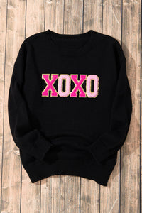 White XOXO Glitter Print Round Neck Casual Sweater