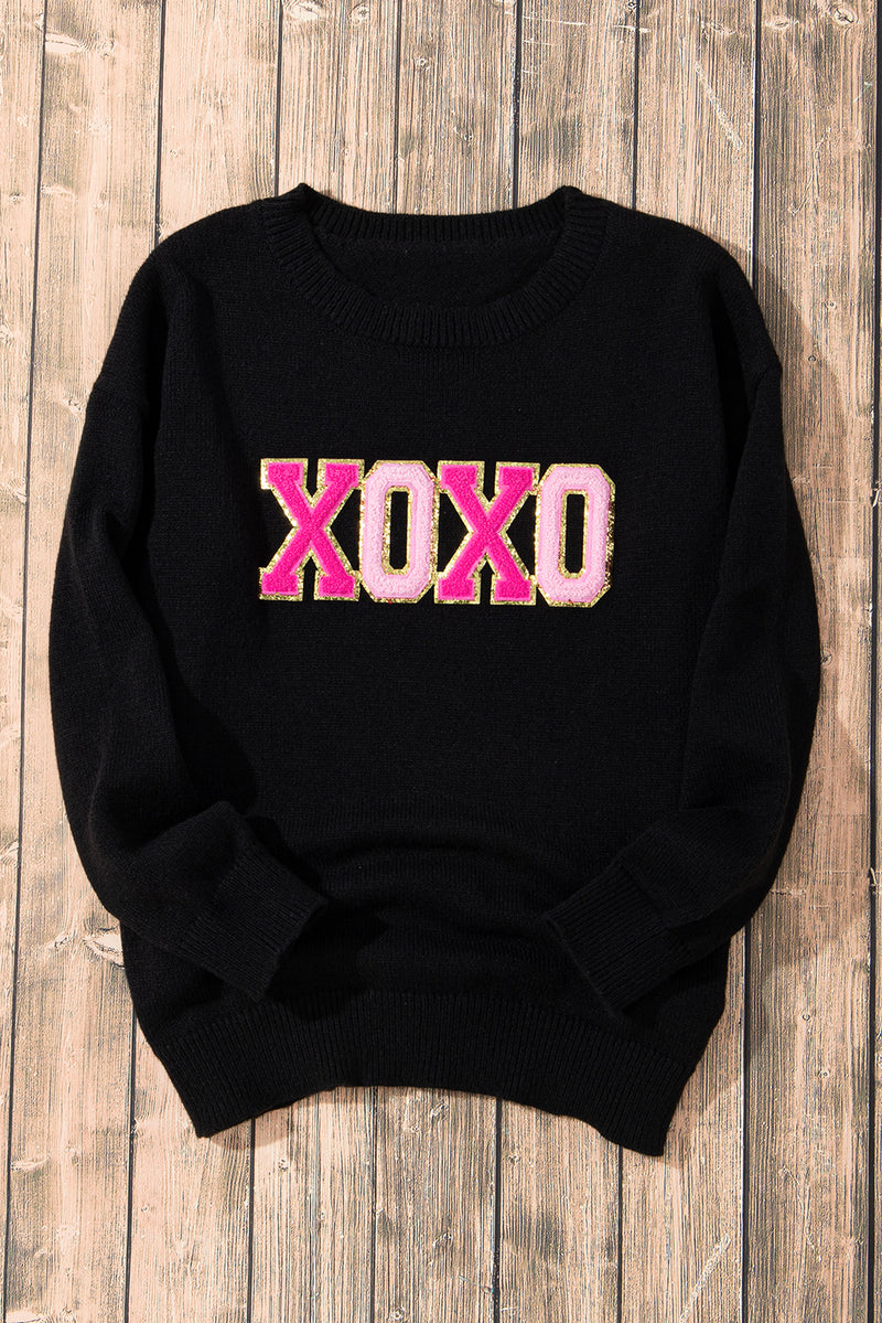 White XOXO Glitter Print Round Neck Casual Sweater